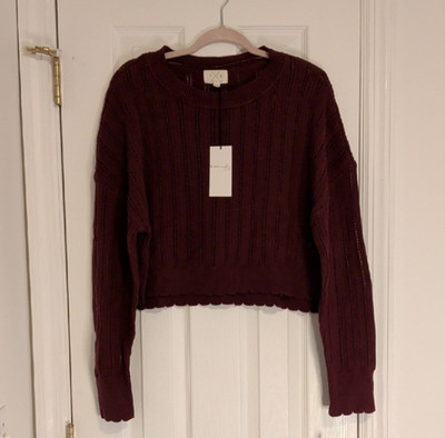 Thread & Supply TXS Cropped Knit Sweater Women Large Burgundy Scallop Hem NWT