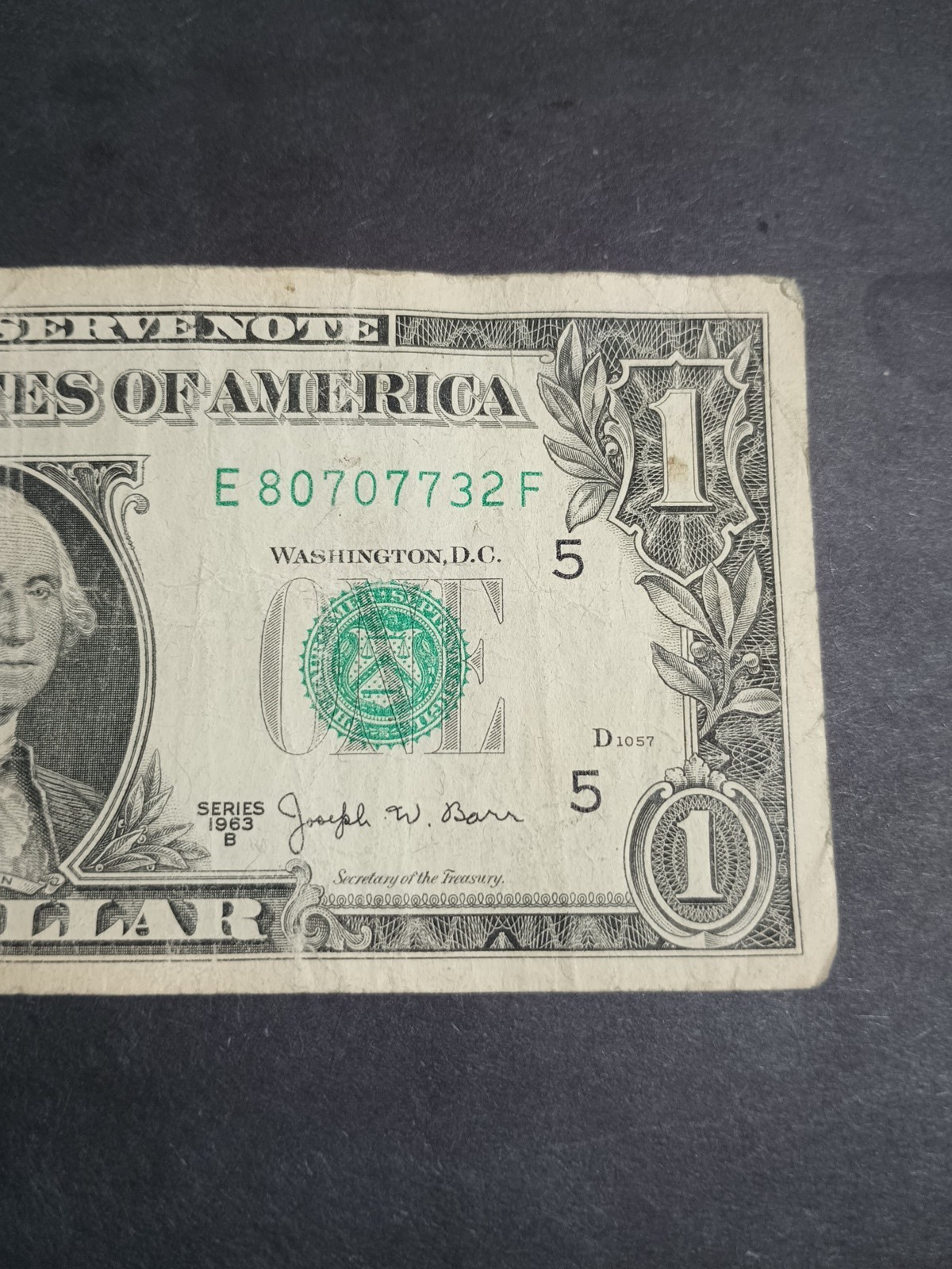 1963B $1 E RICHMOND BEP E-F BLOCK JOSEPH W. BARR NOTE (E80707732F)