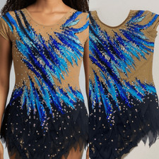 Custom solo dance ice skating rhythmic costume blue ombre rhinestoned dress MC