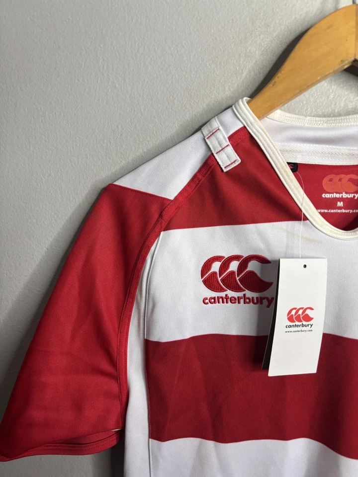 Camisa Canterbury Para Hombre Mediana Roja Blanca Rugby Jersey Rayas Manga Corta CCC Foto 2 de 4