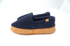ACORN WOMEN MOC USED 5-6 NAVY BLUE/TAN FAUX FUR/FLEECE SLIPPERS