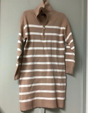 Steve Madden Sweater Dress Striped MediumKnit Long SleveZip Neck Ivory White NEW