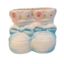 G W Ceramic Planter Baby Boots Booties White Blue Pink Baby Shower T7974
