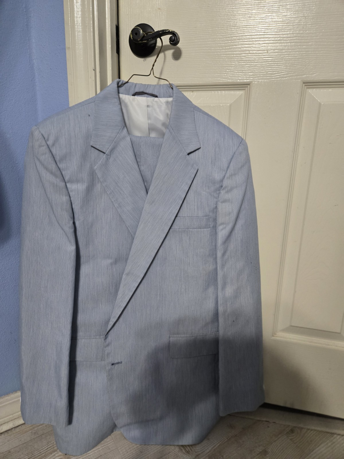 Vintage 70s Haggar Light Blue Pinstripe Suit 44R Jacket 36x31 Pants Disco Era