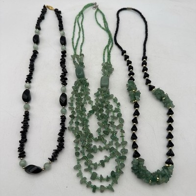 Lot Of 3 Vintage Black onyx and Green jade stone Necklaces