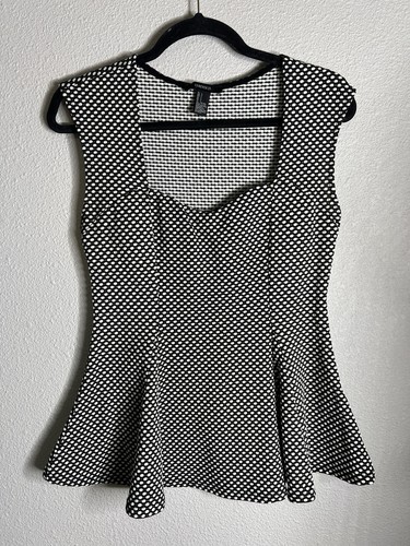 Forever 21 Peplum Top L Black White Polka Dot Textured Sleeveless Sweetheart