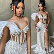Aso Ebi Ivory Mermaid Ball Dress Beaded Crystal Split Glitter Lace Evening Gown