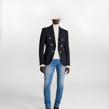Balmain Ultra Slim Fit Black Double-Breasted Blazer Men Size 48 Six-Button