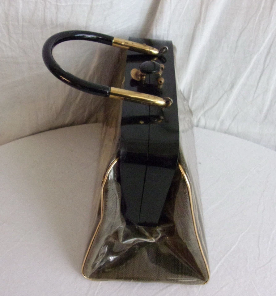 Bolso Cartera Caja Aguja Negro Vinilo Lucite & Patent Años 50 De Colección. Foto 2 de 4