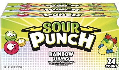 Sour Punch Straws Rainbow Fruit Flavors Chewy Sweet & Sour Candy 24 Pack