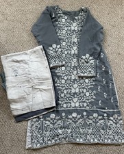 Gray Pakistani Chiffon Embroidered Outfit with Embroidered dupatta-Medium