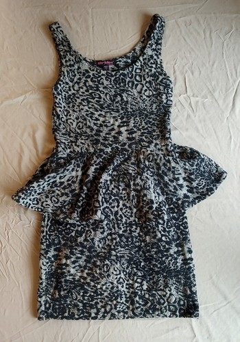 Betsey Johnson ärmelloses Kleid Schößchen Animal Print S schwarz grau Made in USA