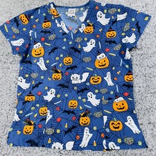 Luv Scrubs Scrub Top Unisex Size Large Halloween Pumpkins Ghosts Cats Bats Web