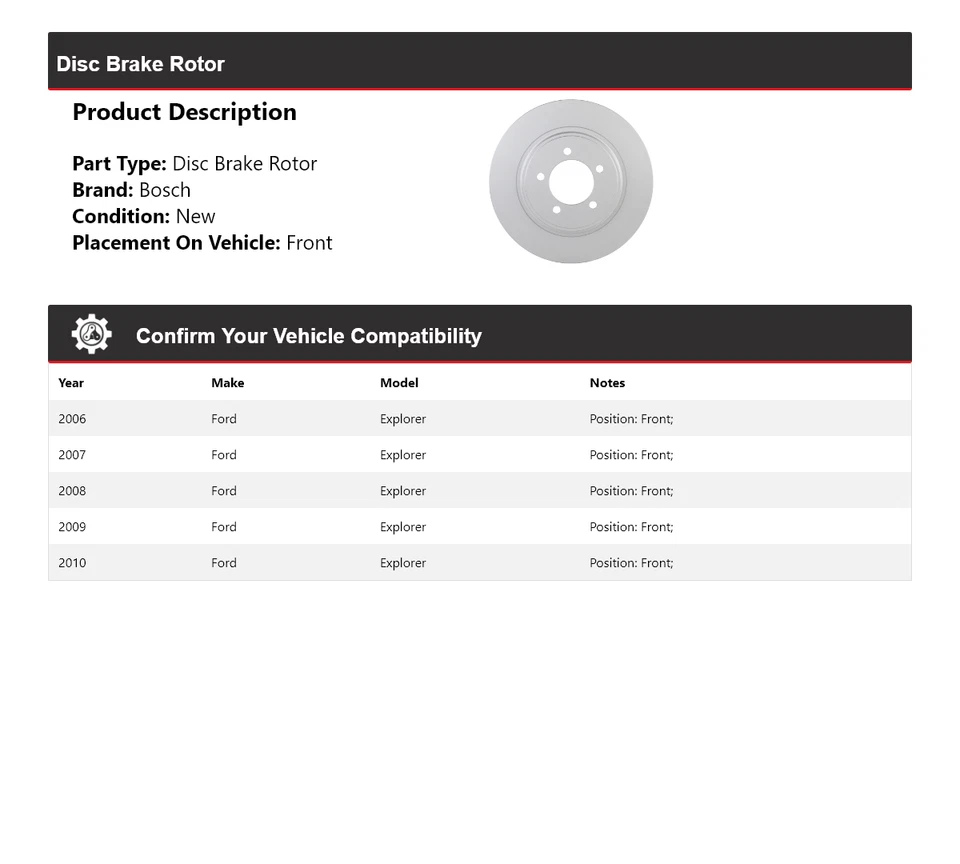 Rotor de freno de disco delantero QuietCast 2007 2008 para Ford Explorer Bosch 2006-2010 Foto 2 de 4