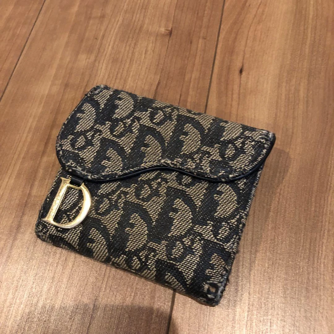 Authentique Christian Dior Trotter selle pliable portefeuille marine toile cuir a16