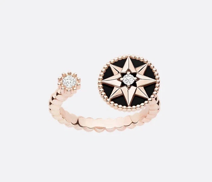 Bague ouverte Lady DIOR Rose De Vents Onyx Cristal Plaqué Or Rose Mode !