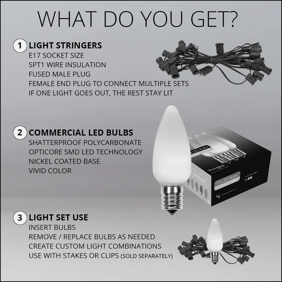 50 C9 OptiCore Shatterproof LED Christmas Lights Smooth Finish, White Wire 50ft - Image 4 of 4