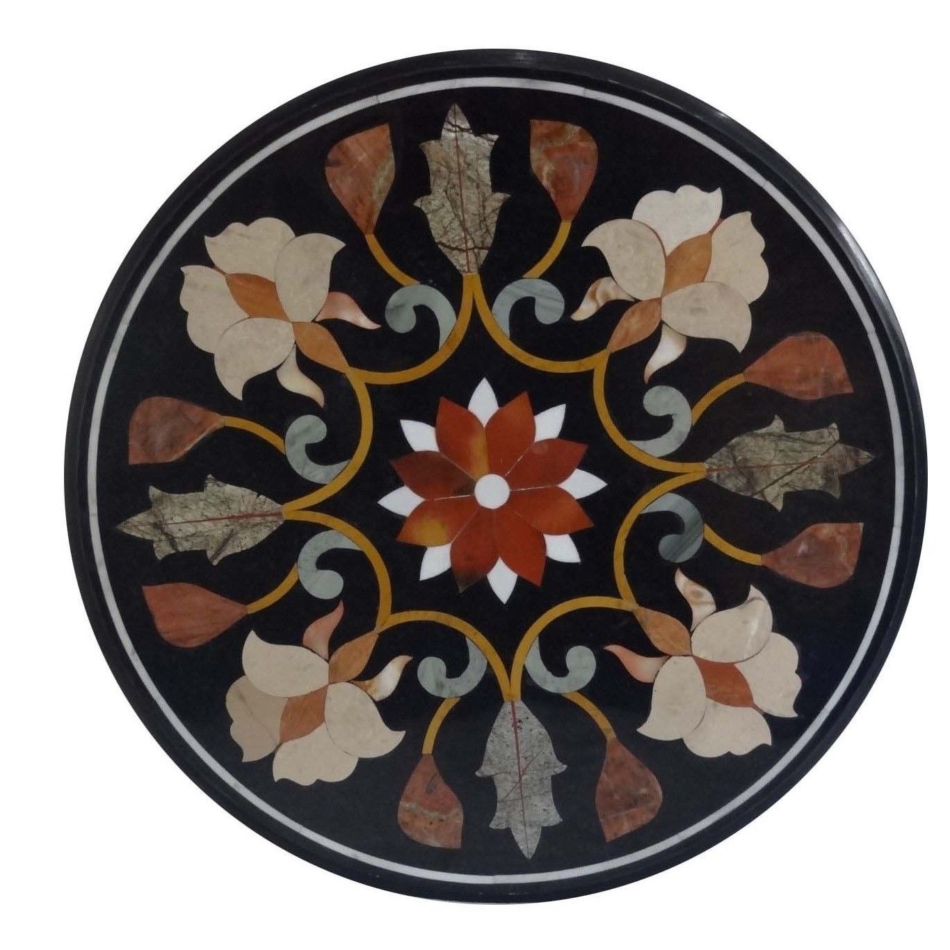 24-inch round marble table with semi-precious stone inlay pietradura handicraft art