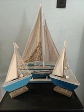 3 Peice Set Of Nautical Sailboats 24.5”, 15”, 15” One Small Boat Mast Broken