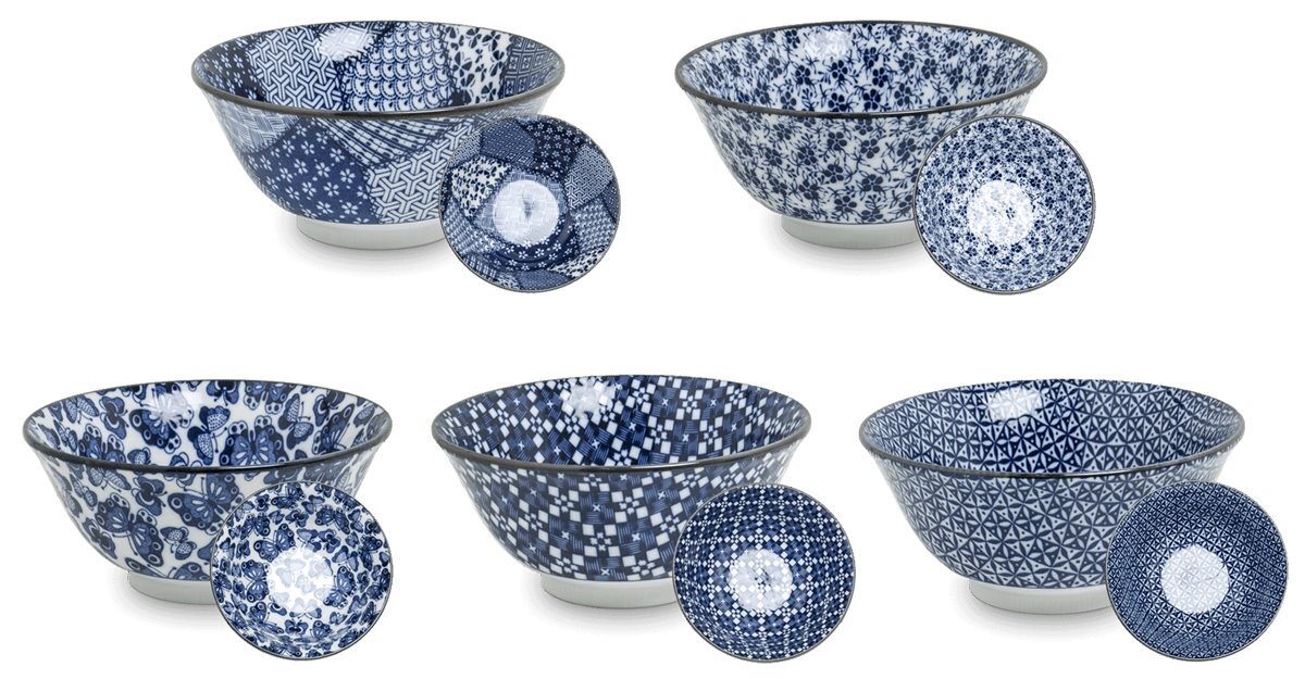 5 Stk Set Japan Reisschalen Matcha Dessert Suppe Müsli Porzellan blau Ø 15 cm, N