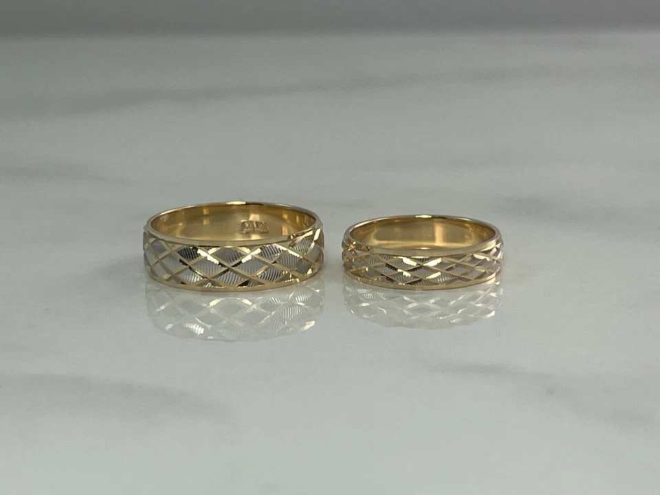 14K Two Tone Gold Wedding Band Ring Set His Hers Matching Duo Diamond Pattern - Image 4 of 4
