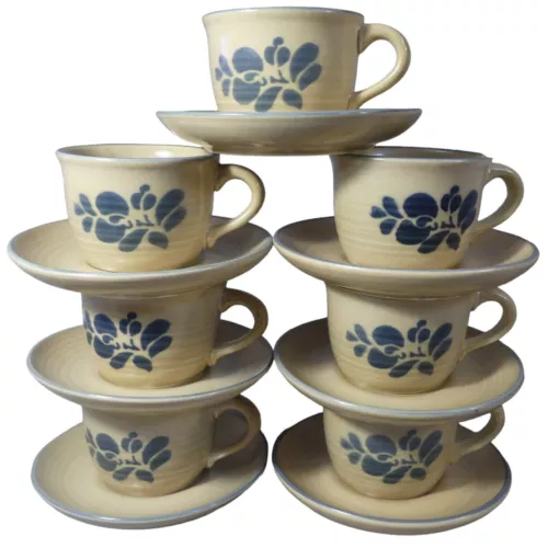 Pfaltzgraff Folk Art Pattern 7 Coffee Cups And Saucers Vintage Salt Glaze Blue