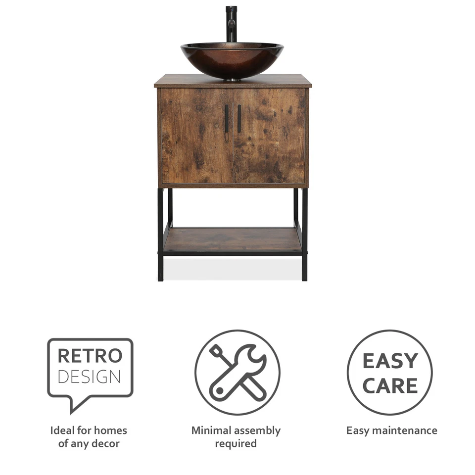 Juego de tocador de baño moderno de 24" con lavabo de vidrio templado marrón Foto 3 de 4