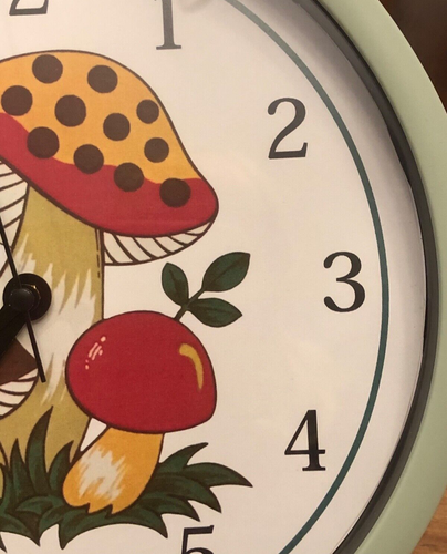 Merry Mushroom Theme Wall Clock 8.5" Glass Face Sage Green battery included - Picture 2 of 3