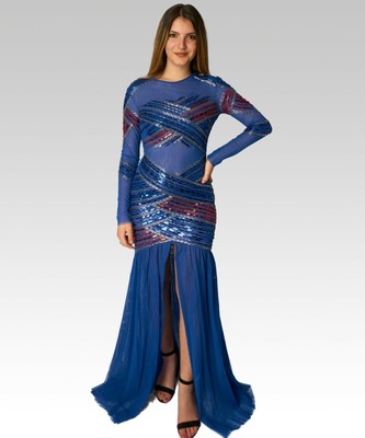 ABITO LUNGO ELISABETTA FRANCHI VESTITO CON SPACCO BLU MANICA LUNGA OUTLET  DRESS | eBay