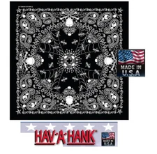 USA MADE HAVAHANK Black SKULL PAISLEY 22" BANDANA Face Mask Neck SCARF Head Wrap