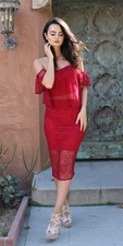 Red Lace Off Shoulder Top & Skirt Set S M L by Haute Monde HMT50742-HMS40045