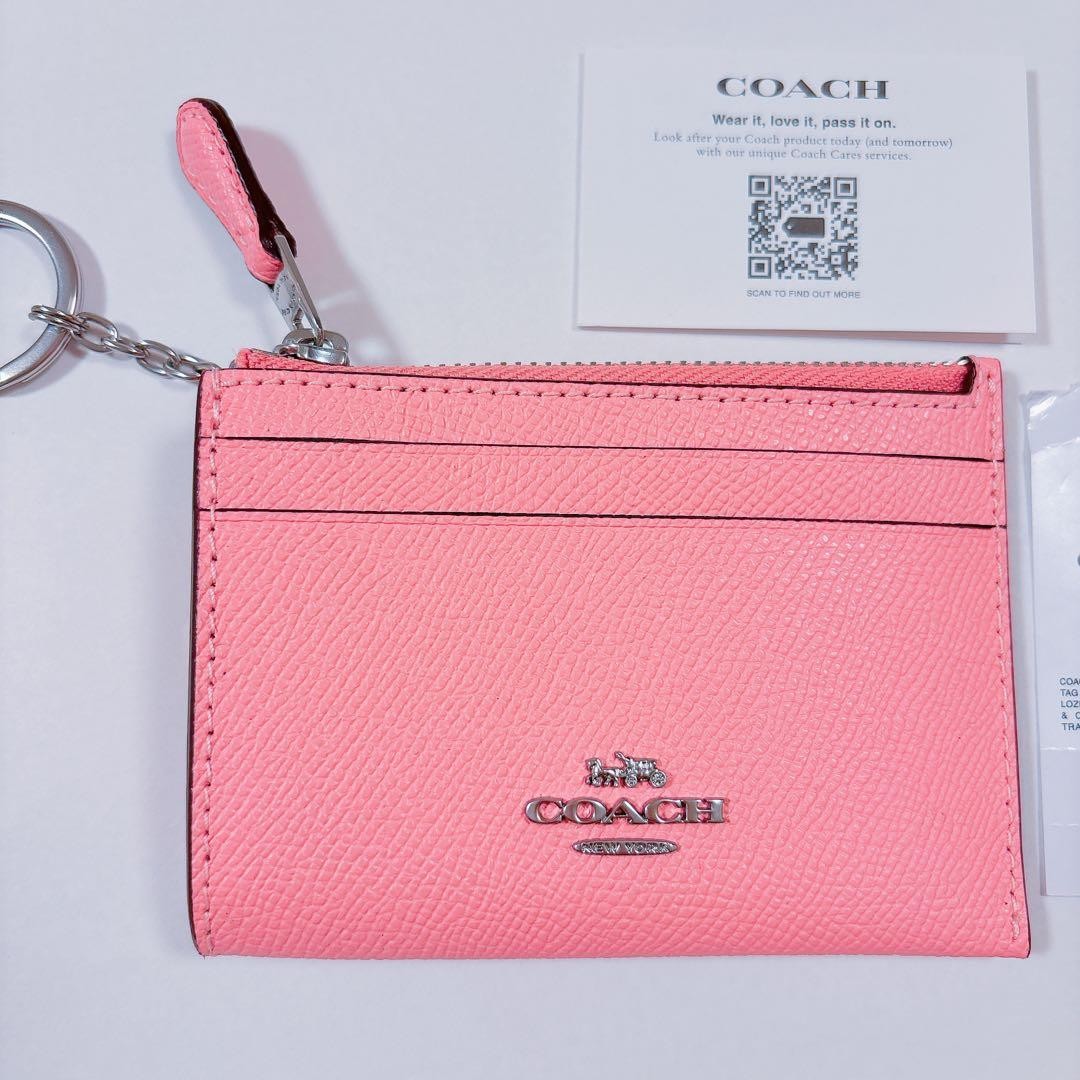 COACH cross grain leather skinny ID case coin case with key ring