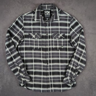 Fox Racing Flannel Shirt Mens Medium Gray Black Plaid Long Sleeve Button Up