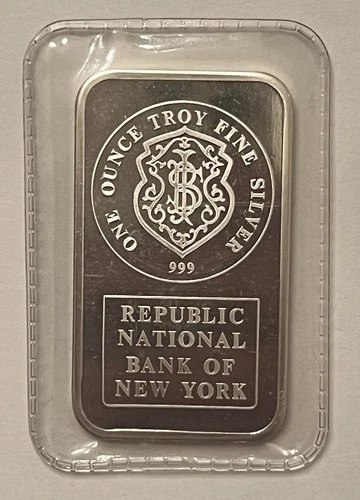 Republic Bank of New York Johnson Matthey 1 Toz 999 Fine Silver Bar Last Example