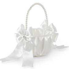 Wedding Flower Girl Basket - Elegant Pearl Handle with Bow Decoration, Ivory Col