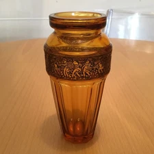 Vtg Signed MOSER 40's Amber Multi Paneled Gold Warrior Freize Vase 6.5 “  Tall