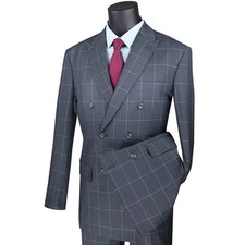 BIG TALL Men's Gray Windowpane Double Breasted Modern Fit Suit NEW