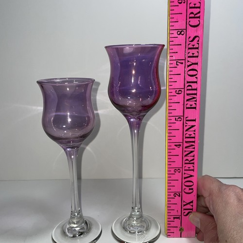 EUC PARTYLITE ROYAL LUSTRE 2 PC PURPLE GLASS STEM CANDLE HOLDERS 7" PAIR - Picture 5 of 6