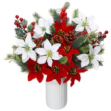 20 Pcs Artificial Christmas Flowers Bouquet Poinsettia Pine Cones Red Holly B...