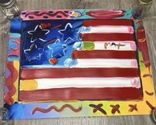 Peter Max Flag With A Heart 1999🔥 Original Hand Signed Acrylic Art