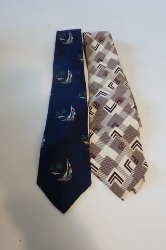 Mens Polo Ralph Lauren Beige Navy Lot of 2 Sailboat Geometric Silk Neck Ties - Picture 2 of 4