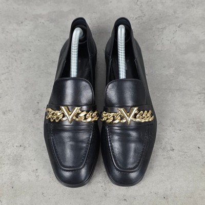 Louis Vuitton Black Leather Upper Case Loafers with Gold V Chain Size 38