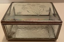 Vintage 4  Floral Footed Etched Glass with Base Mirror Trinket Box - EUC