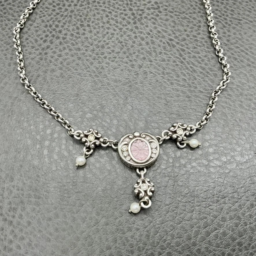 Collar Brighton Tono Plata Rosa Vidrio Tallado Cristal Perla Cuelga Rollo 16" Foto 4 de 4