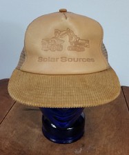 Vtg Solar Sources Leather Corduroy Hat Cap Trucker Caterpillar Bucyrus Erie CAT