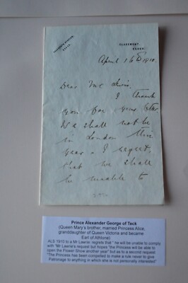 Earl of Athlone Prince Alexander George of Teck Autographed Letter 1910