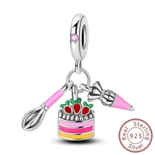 MULA 925 Sterling Silver DIY Charm Pink CZ Enamel Cake Tools For Women Bracelet