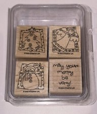 Stampin' Up Very Merry Set 2003  4 Stamps Wood Rubber Holiday Mounted Unused