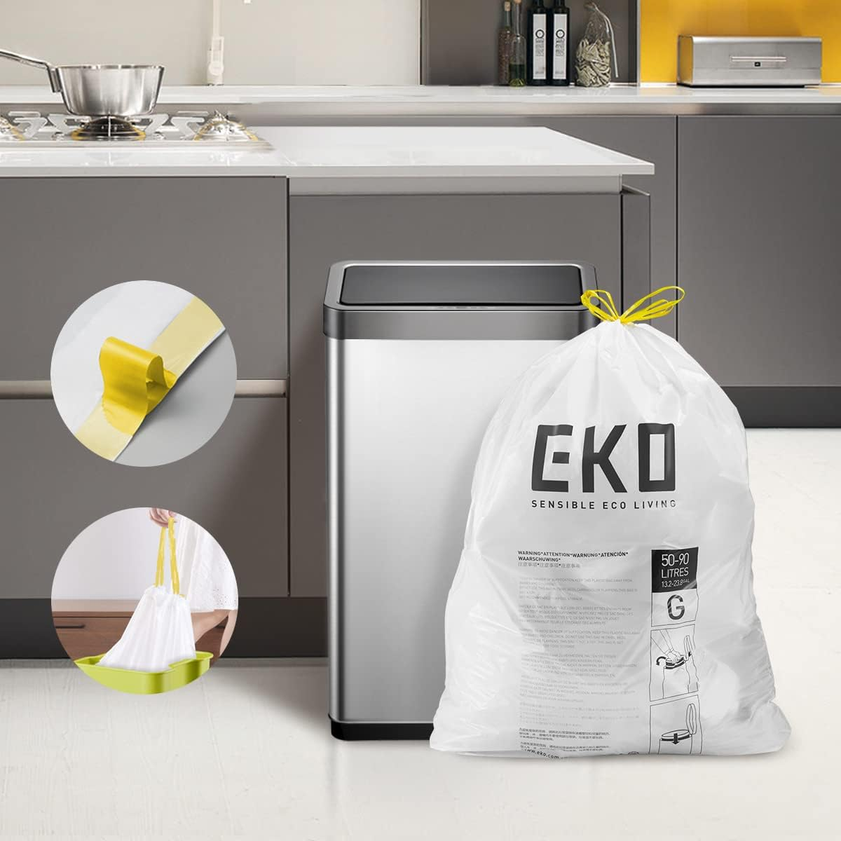 Easy-Dispense Roll of 60 Count Extra-Strong Drawstring Kitchen Trash Bags - 21 G
