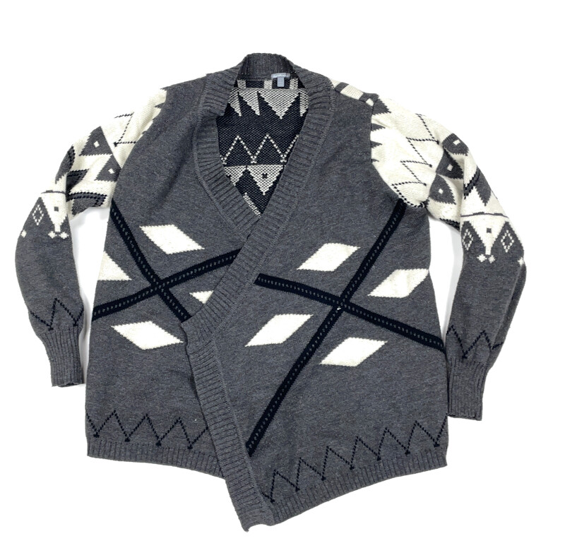 Tribal Print Gray Open Front Cardigan Sweater Geometric Aztec